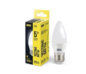 лампа светодиодная eco c35 5вт свеча 3000к тепл. бел. e27 450лм 230-240в iek lle-c35-5-230-30-e27 от магазина Штепсель и батарейка.