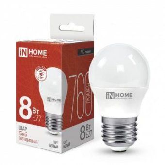 лампа светодиодная led-шар-vc 8вт шар 4000к нейтр. бел. e27 760лм 230в in home 4690612020570 от магазина Штепсель и батарейка.