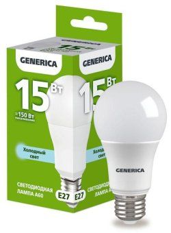 лампа светодиодная a60 15вт грушевидная 6500к e27 230в generica ll-a60-15-230-65-e27-g от магазина Штепсель и батарейка.