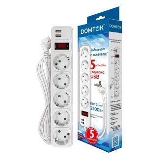 удлинитель с сетевым фильтром 5х5м с заземл 10а 2.2квт ip20 2хusb пвс 3х1 с выкл. бел. domtok 2566 от магазина Штепсель и батарейка. - фото_2