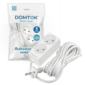 удлинитель 2х5м без заземл. 10а ip20 2.2квт пвс 2х1 бел. domtok 2347 от магазина Штепсель и батарейка. - фото_2
