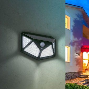 светильник фасадный 100 led 300лм с датч. движ. и 4-мя плоск. освещ. на солнеч. батарее erafs100-04 эра б0045270 от магазина Штепсель и батарейка.
