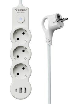 удлинитель 3х3м с заземл. 10а ip20 usb 2800вт 220в пвс 3х1 с выкл. бел. космос yksm3m3g-z-vu10а-w от магазина Штепсель и батарейка. - фото_5