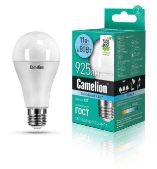 лампа светодиодная led11-a60/845/e27 11вт грушевидная матовая 4500к бел. e27 925лм 170-265в camelion 12036 от магазина Штепсель и батарейка.