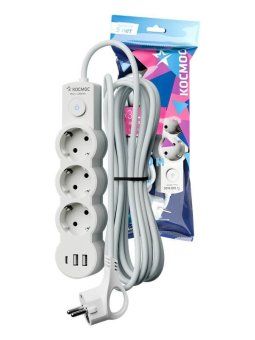 удлинитель 3х1.5м с заземл. 10а ip20 usb 2800вт 220в пвс 3х1 с выкл. бел. космос yksm1.5m3g-z-vu10а-w от магазина Штепсель и батарейка.