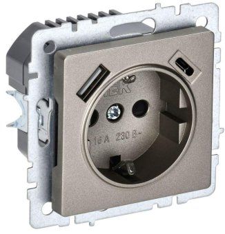 розетка brite рюш11-1-брш 16а с usb a+c 18вт с заземл. защ. шторки механизм шампань iek br-r14-16-u22-018-k37 от магазина Штепсель и батарейка.