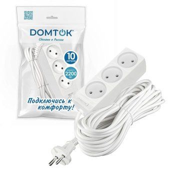 удлинитель 3х10м без заземл. 10а ip20 2.2квт пвс 2х1 бел. domtok 2350 от магазина Штепсель и батарейка. - фото_2