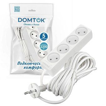 удлинитель 4х5м без заземл. 10а ip20 2.2квт пвс 2х1 бел. domtok 2357 от магазина Штепсель и батарейка. - фото_2