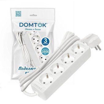 удлинитель 4х3м с заземл. 16а ip20 3.5квт пвс 3х1 бел. domtok 2396 от магазина Штепсель и батарейка. - фото_2
