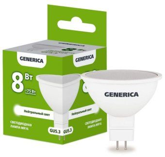 лампа светодиодная mr16 8вт софит 4000к gu5.3 230в generica ll-mr16-08-230-40-gu5-g от магазина Штепсель и батарейка.