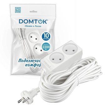 удлинитель 2х10м без заземл. 10а ip20 2.2квт пвс 2х1 бел. domtok 2345 от магазина Штепсель и батарейка. - фото_2