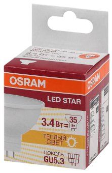 лампа светодиодная led star mr16 3.4w/830 3.4вт матовая 3000к тепл. бел. gu5.3 300лм 220-240в 110град. пластик. (замена 35вт) osram 4058075129009 от магазина Штепсель и батарейка. - фото_2