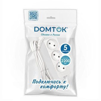 удлинитель 3х5м без заземл. 10а ip20 2.2квт пвс 2х0.75 бел. domtok 2372 от магазина Штепсель и батарейка. - фото_3