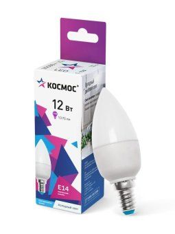 лампа светодиодная 12вт свеча 6500к холод. бел. e14 220в космос lkecled12wcne1465 от магазина Штепсель и батарейка.