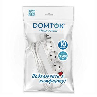удлинитель 3х10м с заземл. 16а ip20 3.5квт пвс 3х1 с выкл. бел. domtok 2380 от магазина Штепсель и батарейка.