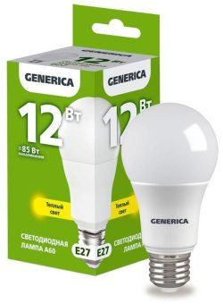 лампа светодиодная a60 12вт грушевидная 3000к e27 230в generica ll-a60-12-230-30-e27-g от магазина Штепсель и батарейка.
