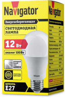 лампа светодиодная 71 297 nll-a60-12-230-4k-e27 12вт грушевидная 4000к нейтр. бел. e27 1000лм 176-264в navigator 71297 от магазина Штепсель и батарейка. - фото_2
