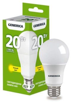 лампа светодиодная a60 20вт грушевидная 3000к e27 230в generica ll-a60-20-230-30-e27-g от магазина Штепсель и батарейка.