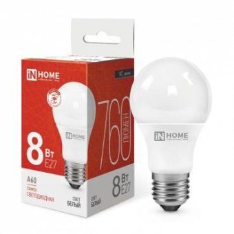 лампа светодиодная led-a60-vc 8вт грушевидная 4000к нейтр. бел. e27 760лм 230в in home 4690612024028 от магазина Штепсель и батарейка.