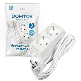 удлинитель 2х3м с заземл. 16а ip20 3.5квт пвс 3х1 бел. domtok 2386 от магазина Штепсель и батарейка. - фото_2