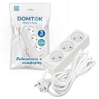 удлинитель 3х3м без заземл. 10а ip20 2.2квт пвс 2х1 бел. domtok 2351 от магазина Штепсель и батарейка. - фото_2