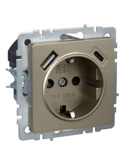 розетка brite рюш11-1-брш 16а с usb a+c 18вт с заземл. защ. шторки механизм шампань iek br-r14-16-u22-018-k37 от магазина Штепсель и батарейка. - фото_2