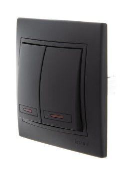 выключатель 2-кл. 1п сп mira 10а ip20 с подсветкой со вставкой черн. бархат lezard 701-4242-112 от магазина Штепсель и батарейка. - фото_2