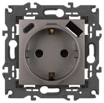 розетка эра elegance 14-4108-16 2p+e 16a-250в со шторками с usb type-a+c 5в-3а титан эра б0067695 от магазина Штепсель и батарейка.