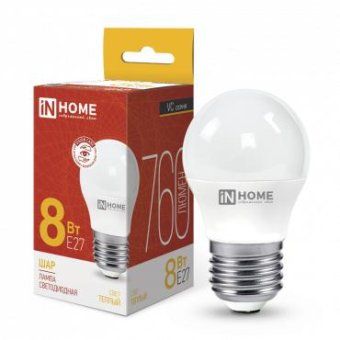 лампа светодиодная led-шар-vc 8вт шар 3000к тепл. бел. e27 760лм 230в in home 4690612020563 от магазина Штепсель и батарейка.