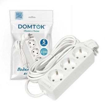 удлинитель 3х5м с заземл. 10а ip20 2.2квт пвс 3х0.75 бел. domtok 2376 от магазина Штепсель и батарейка. - фото_2
