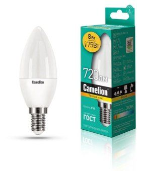 лампа светодиодная led8-c35/830/e14 8вт свеча 3000к тепл. бел. e14 720лм 170-265в camelion 12385 от магазина Штепсель и батарейка.