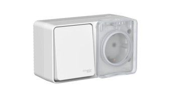 блок оп atlasdesign profi ip54 (розетка 16а заземл. защ. шторки + 1-кл. выключатель 10а) сер. se atn543070 от магазина Штепсель и батарейка.