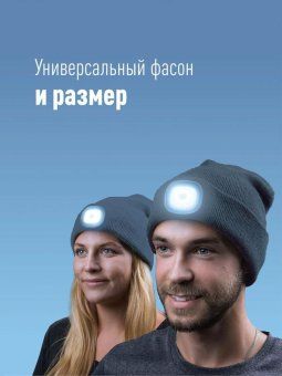 шапка с фонариком 215х205х5 темн. сер. (фонарь 66х50х15мм снимается; аккум. 3.7в/200ма.ч) 3 режима свечения космос kochat_grey от магазина Штепсель и батарейка. - фото_2