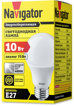 лампа светодиодная 94 388 nll-a60-10-230-4k-e27 10вт грушевидная 4000к нейтр. бел. e27 820лм 176-264в navigator 94388 от магазина Штепсель и батарейка. - фото_2