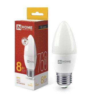 лампа светодиодная led-свеча-vc 8вт свеча 3000к тепл. бел. e27 760лм 230в in home 4690612020440 от магазина Штепсель и батарейка.