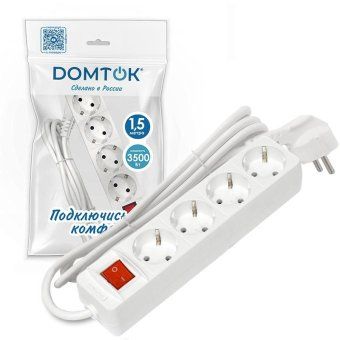 удлинитель 4х1.5м с заземл. 16а ip20 3х1 с выкл. бел. domtok 2374 от магазина Штепсель и батарейка. - фото_3