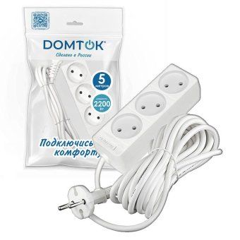 удлинитель 3х5м без заземл. 10а ip20 2.2квт пвс 2х0.75 бел. domtok 2372 от магазина Штепсель и батарейка. - фото_2