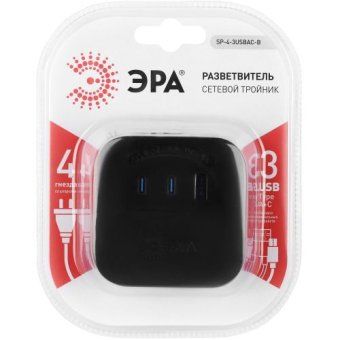разветвитель 4-м sp-4-3usbac-b + 3 usb a+c со шторками 10а чер. эра б0069084 от магазина Штепсель и батарейка.