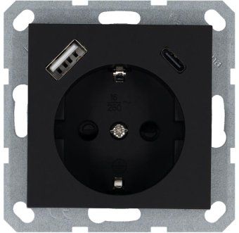 розетка shuko 16а с заземл. защ. шторки с 2-мя заряд. устройствами usb тип a+c 25вт механизм черн. матов. soft touch jasmart g5501usb-25pb от магазина Штепсель и батарейка.