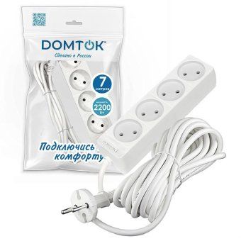 удлинитель 4х7м без заземл. 10а ip20 2.2квт пвс 2х1 бел. domtok 2358 от магазина Штепсель и батарейка. - фото_2