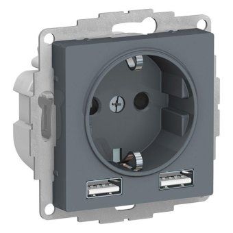розетка 1-м сп atlasdesign 16а ip20 с 2-мя заряд. устройствами usb тип a+a 5в/2.4а 2х5в/1.2а механизм грифель se atn000730 от магазина Штепсель и батарейка.