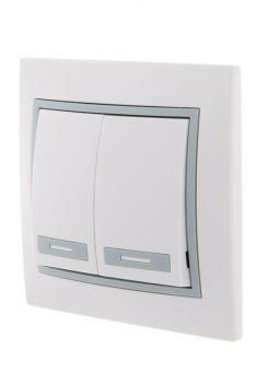 выключатель 2-кл. сп mira 10а ip20 с сер. вставкой бел. lezard 701-0215-101 от магазина Штепсель и батарейка. - фото_2