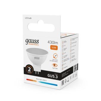 лампа светодиодная elementary 5.5вт mr16 софит 3000к тепл. бел. gu5.3 430лм gauss 13516 от магазина Штепсель и батарейка. - фото_5