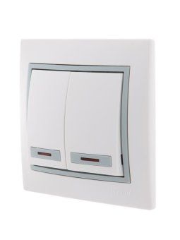 выключатель 2-кл. сп mira 10а ip20 с подсветкой с сер. вставкой бел. lezard 701-0215-112 от магазина Штепсель и батарейка. - фото_2