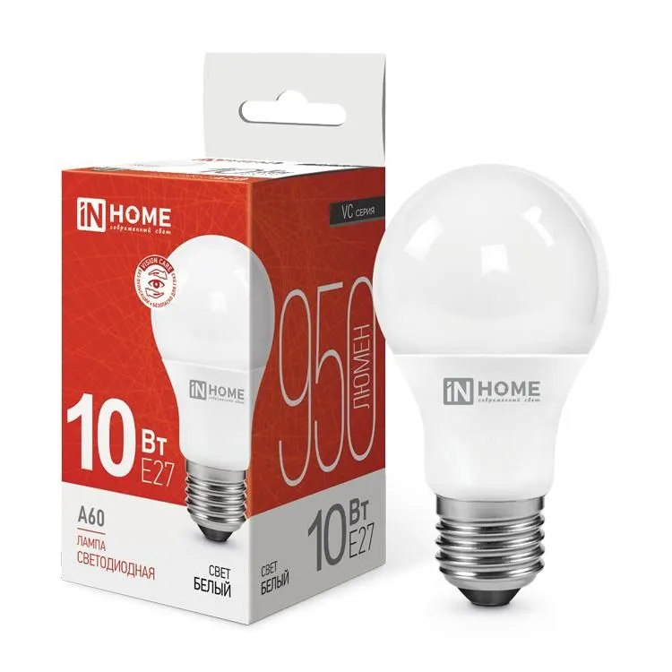 лампа светодиодная led-a60-vc 10вт грушевидная 4000к нейтр. бел. e27 950лм 230в in home 4690612020211 от магазина Штепсель и батарейка.