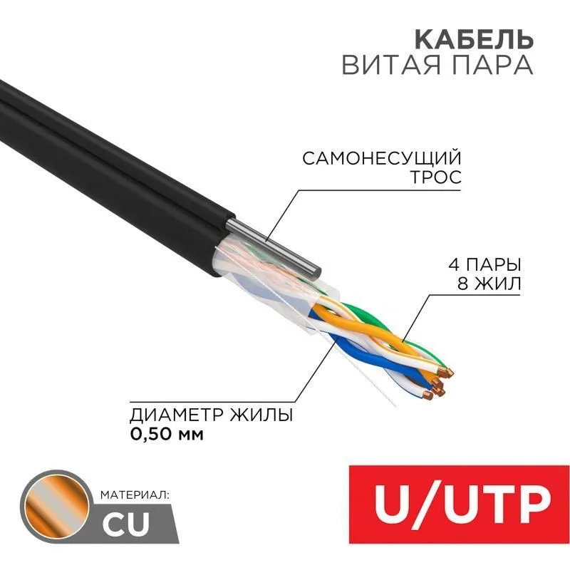кабель витая пара u/utp кат.5e 4х2х24awg solid cu pe outdoor трос черн. (м) rexant 01-0046 от магазина Штепсель и батарейка.