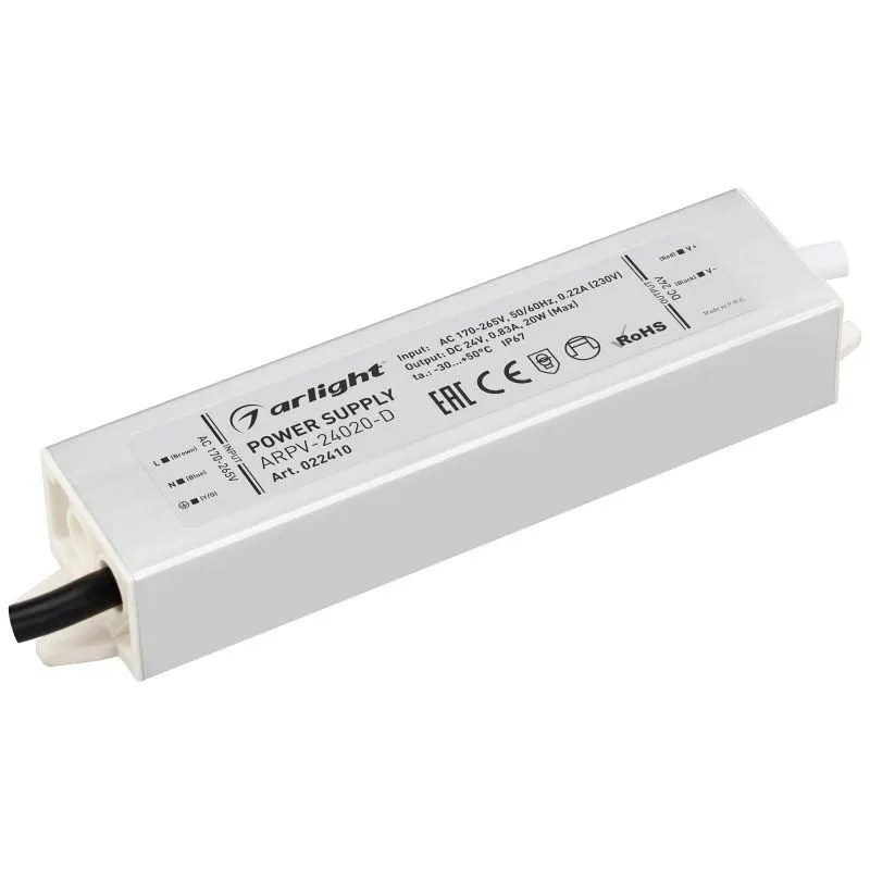 блок питания arpv-24020-d 24в 0.8а 20вт ip67 метал. 3 года arlight 022410 от магазина Штепсель и батарейка.