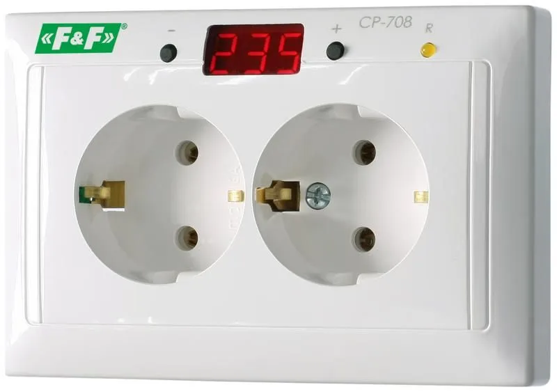 реле напряжения cp-708 (однофазный; микропроцессорный; цифровая индикация напряжения; розеточный тип корпуса; для установки в монтажную коробку d60мм 150-300в 10а 1z ip20) f&f ea04.009.008 от магазина Штепсель и батарейка.