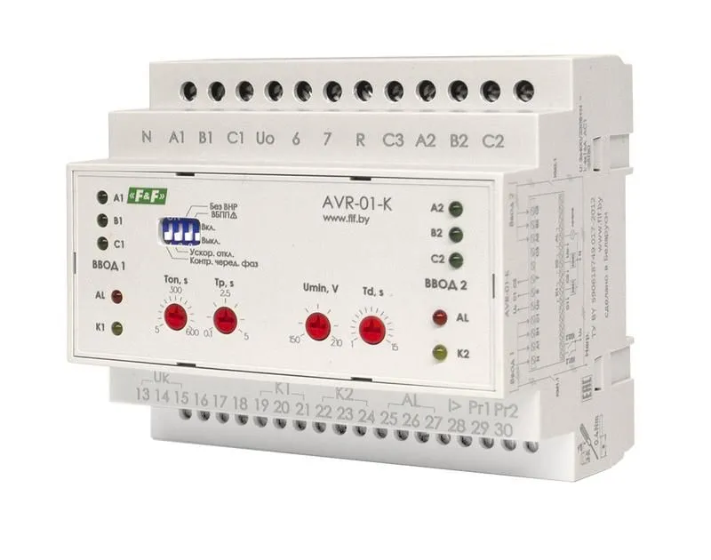 устройство управления резервным питанием avr-01-k (2 ввода; 1 нагрузка 35мм 3х400в+n 2х16а 2p ip20 монтаж на din-рейке) f&f ea04.006.001 от магазина Штепсель и батарейка.