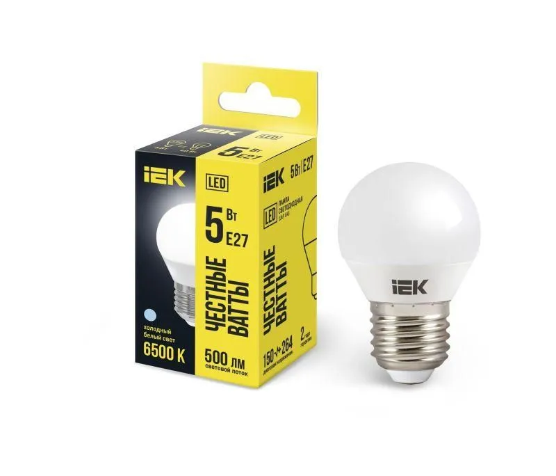 лампа светодиодная eco g45 5вт шар 6500к e27 230в iek lle-g45-5-230-65-e27 от магазина Штепсель и батарейка.